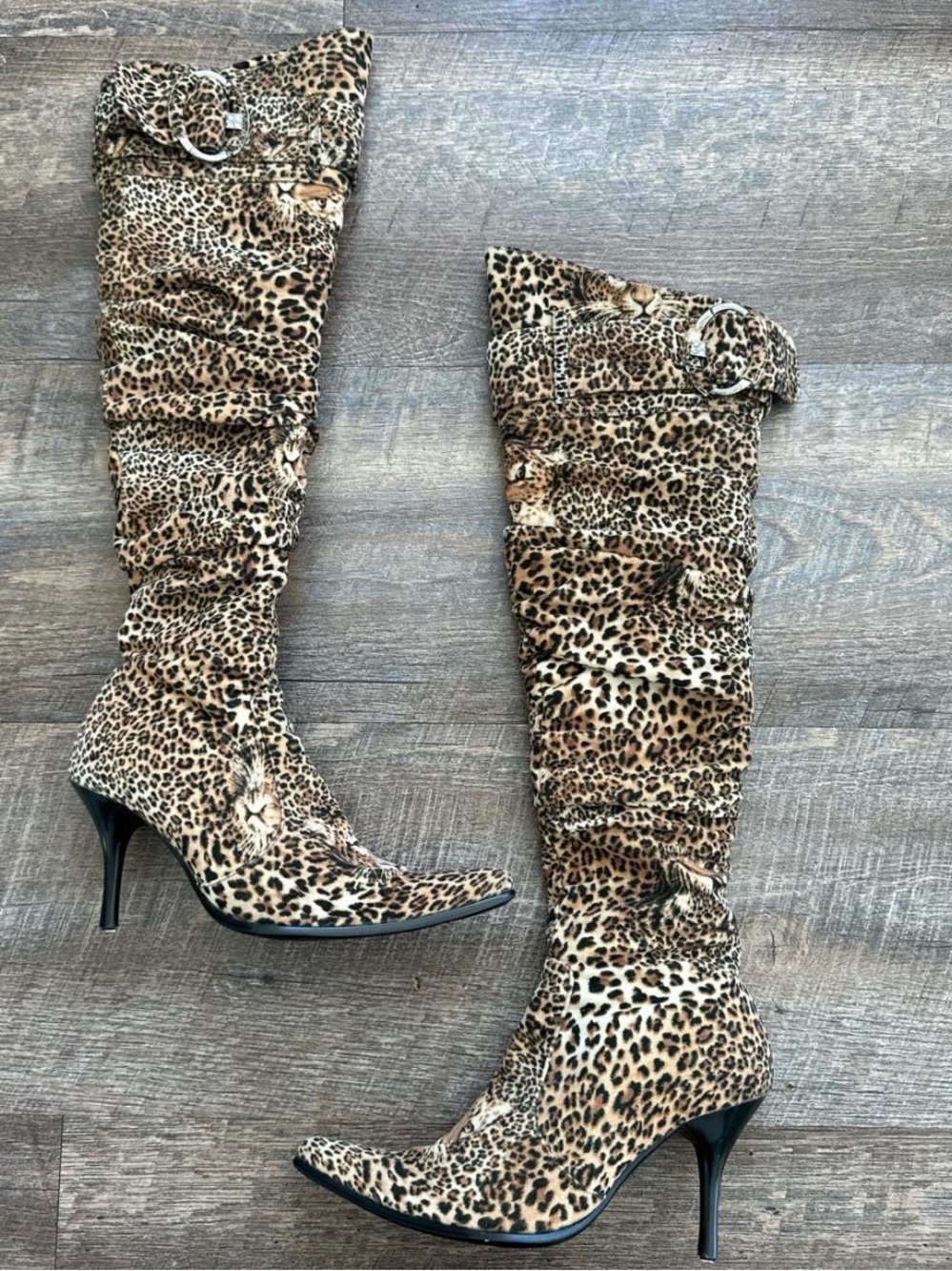 Vintage Leopard-Print Knee-High Stiletto Boots - Tan/Black